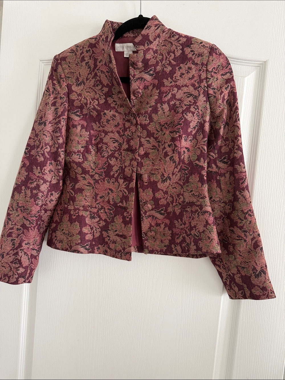 Petite Sophisticate Pink and Burgundy Floral Brocade Jacket